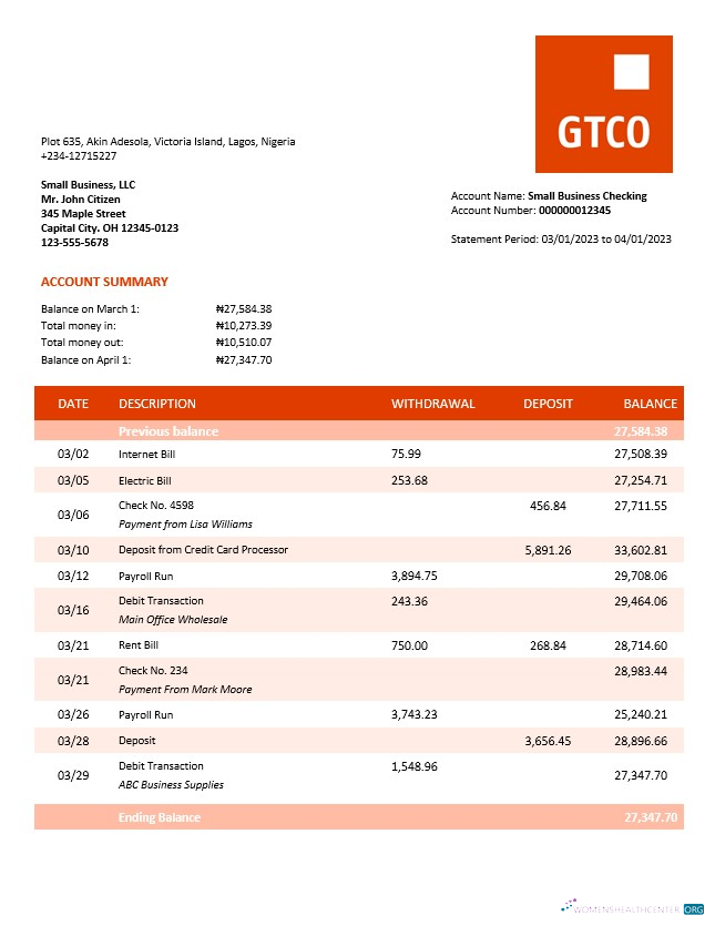 Download GT Bank organization checking account statement Word and PDF template Photoshop template